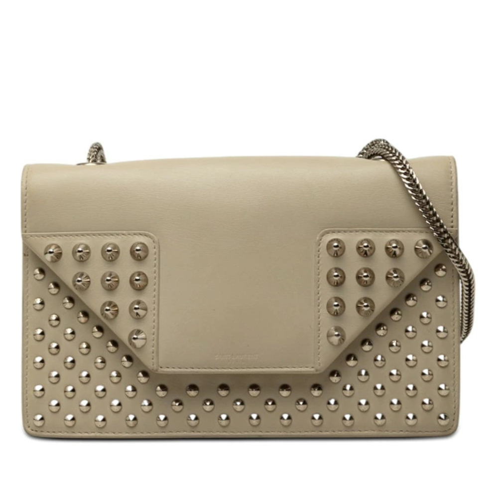 Saint Laurent Betty Studded Chain Leather Shoulder Bag Beige Gray Tan
